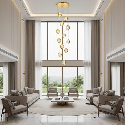 Candelabru Cristal FRAME LED cu Telecomanda, Suspendat, 12 Surse, 36W, Diametru 40cm, Lumina Calda / Neutra / Rece, Inaltime Reglabila, Auriu, Metal si Cristal