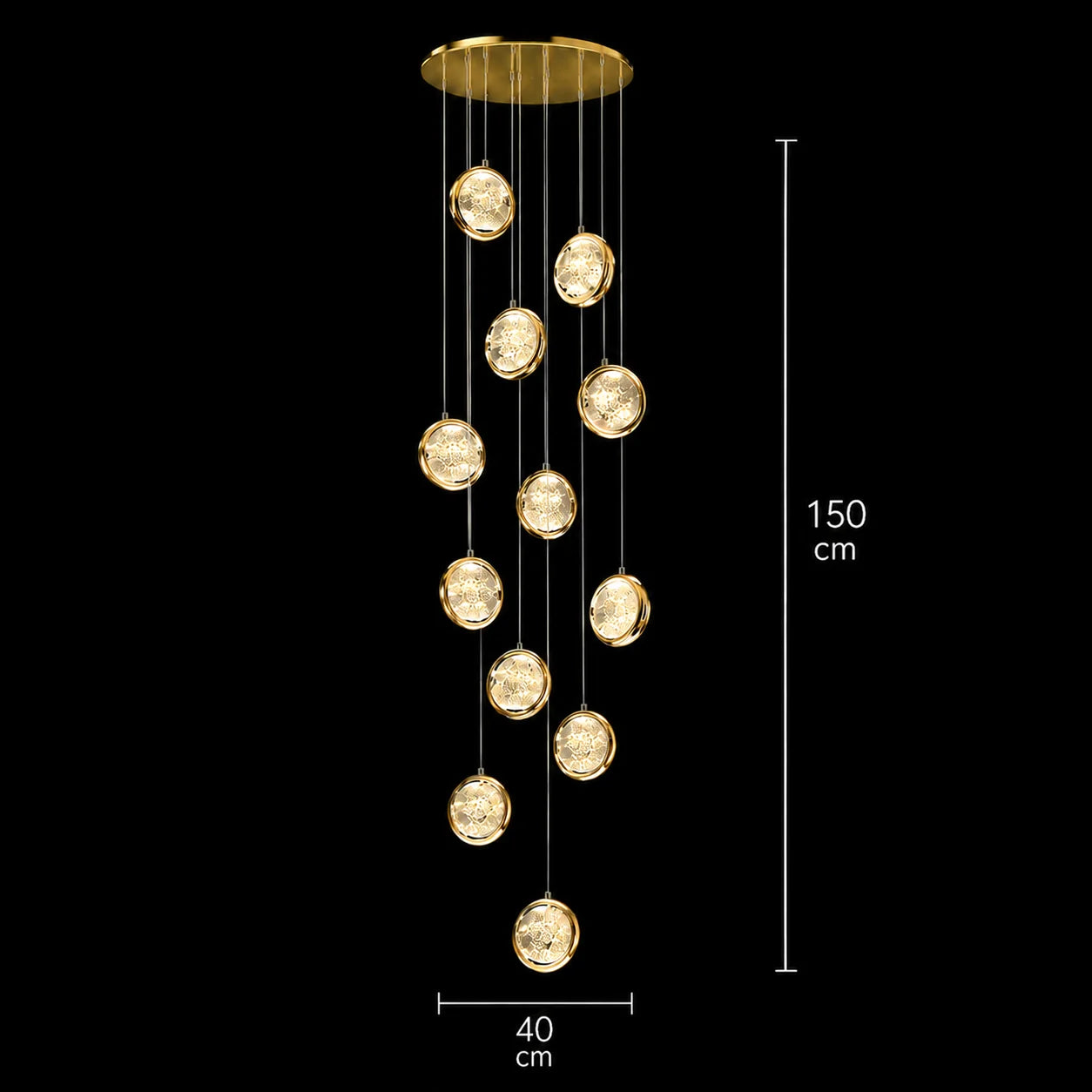 Candelabru Cristal FRAME LED cu Telecomanda, Suspendat, 12 Surse, 36W, Diametru 40cm, Lumina Calda / Neutra / Rece, Inaltime Reglabila, Auriu, Metal si Cristal