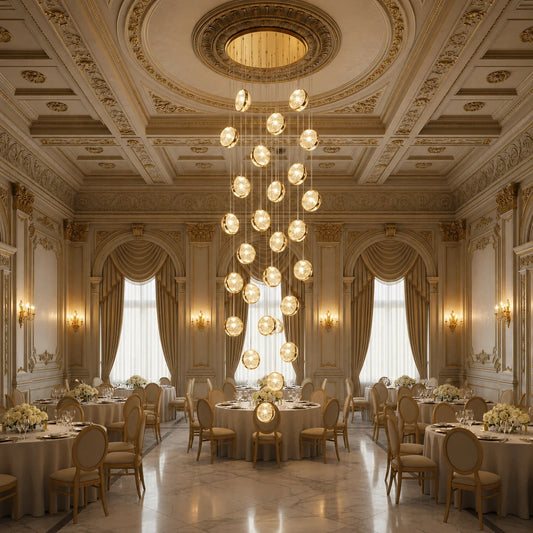 Candelabru Cristal FRAME LED cu Telecomanda, Suspendat, 30 Surse, 90W, Diametru 60cm, Inaltime Reglabila, Auriu, Metal si Cristal