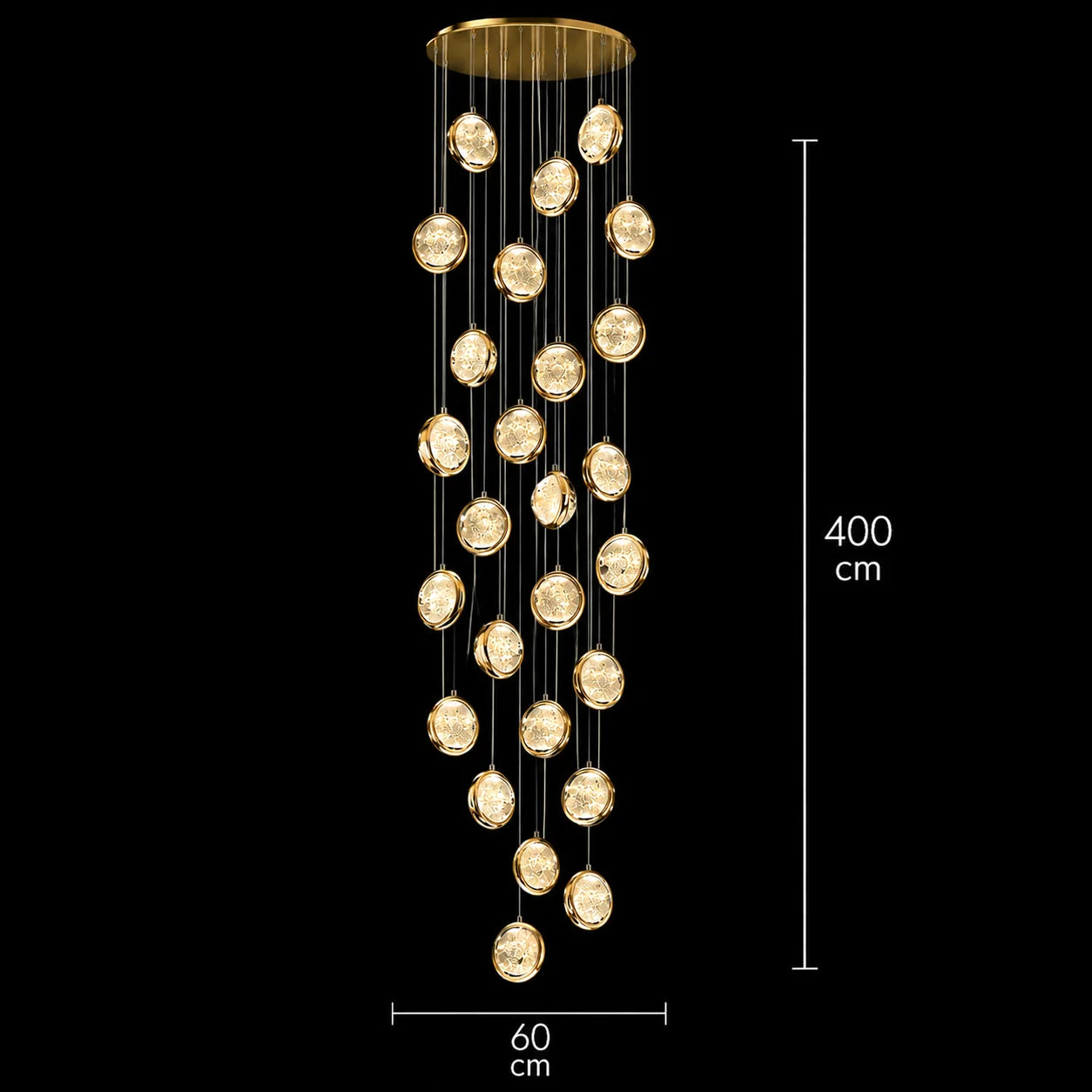 Candelabru Cristal FRAME LED cu Telecomanda, Suspendat, 30 Surse, 90W, Diametru 60cm, Inaltime Reglabila, Auriu, Metal si Cristal