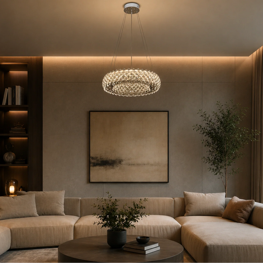 Candelabru Cristal KALTO Eleganza, 106W, Lumina Rece/Calda/Neutra, Inaltime Reglabila, Metal si Cristal, Crom Lucios