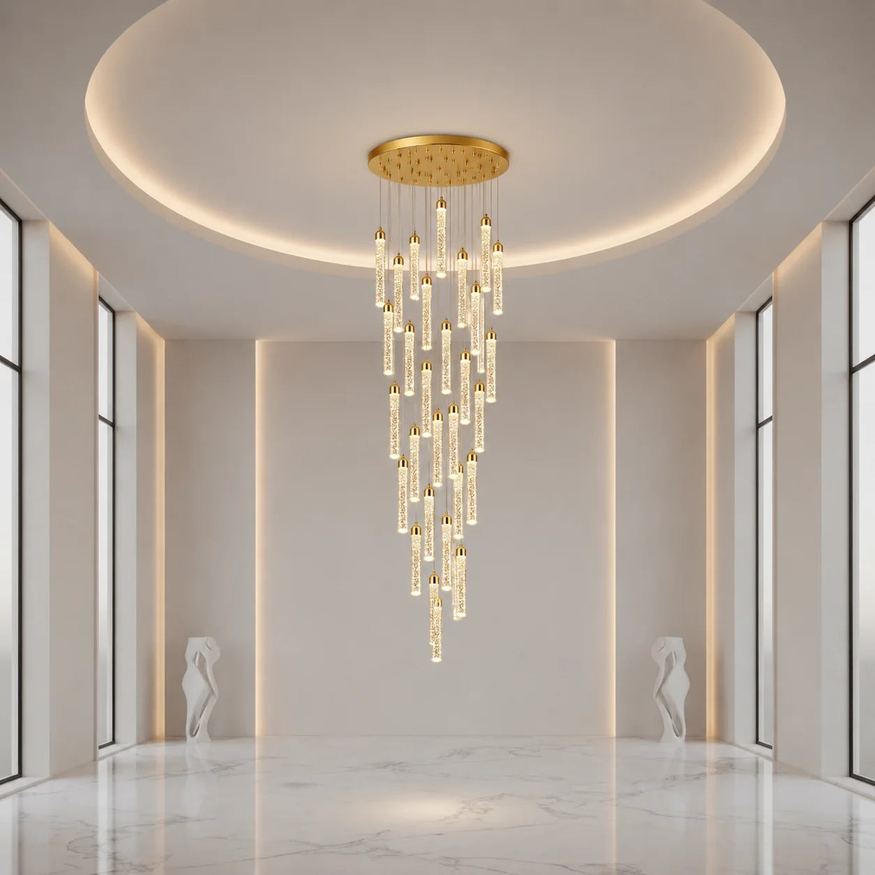 Candelabru Cristal LAGOM LED cu Telecomanda, Suspendat, 30 Surse, 90W, Lumina Calda/Neutra/Rece, Diametru 60cm, Inaltime Reglabila, Auriu, Metal si Cristal