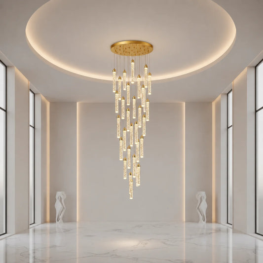 Candelabru Cristal LAGOM LED cu Telecomanda, Suspendat, 30 Surse, 90W, Lumina Calda/Neutra/Rece, Diametru 60cm, Inaltime Reglabila, Auriu, Metal si Cristal