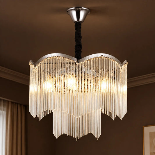 Candelabru Cristal MEKELLE Eleganza, 8x E14, Diametru 50cm, Metal si Cristal, Crom Lucios, Inaltime Reglabila