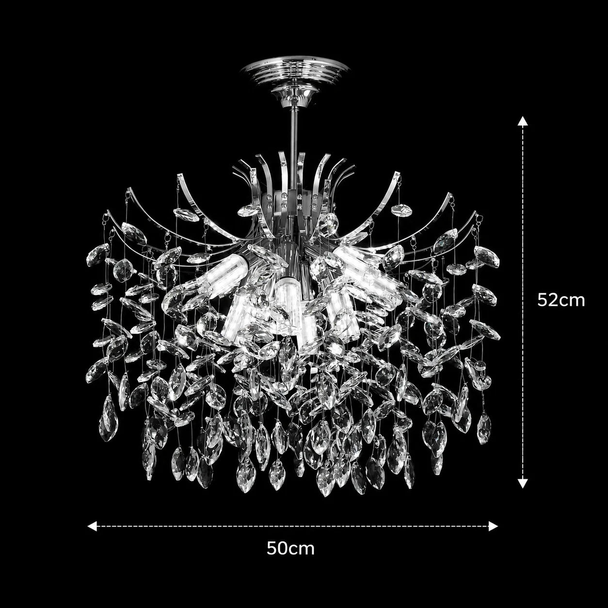Candelabru Cristal PROWES Eleganza, 8xE14, D50 cm, Crom Lucios, Inaltime Reglabila, Metal si Cristal