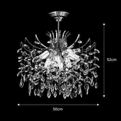 Candelabru Cristal PROWES Eleganza, 8xE14, D50 cm, Crom Lucios, Inaltime Reglabila, Metal si Cristal