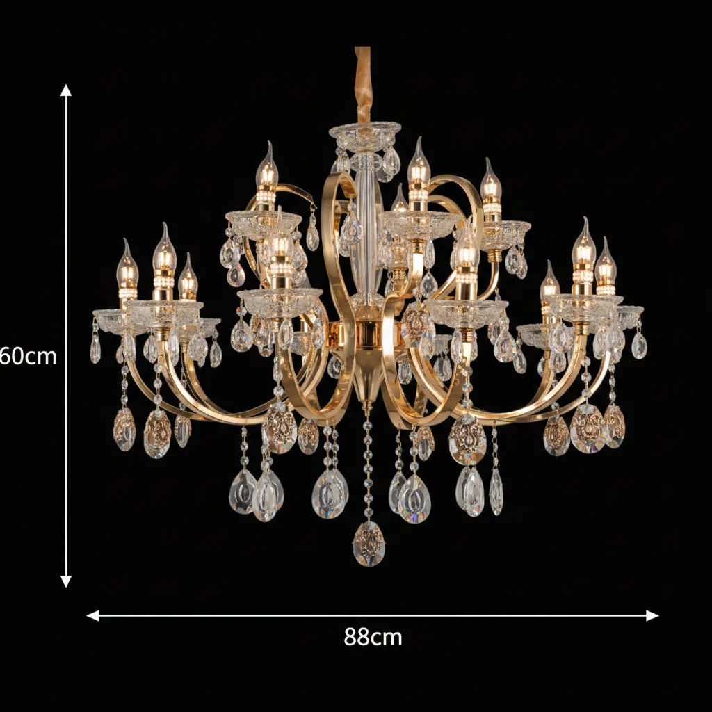 Candelabru Cristal PSE Supremo, 12xE14, D88cm, Inaltime Reglabila, Metal si Cristal, Auriu