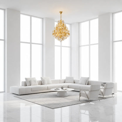 Candelabru Cristal TIER Magno 13xE14, D60 cm, Auriu, Inaltime Reglabila, Metal si Cristal