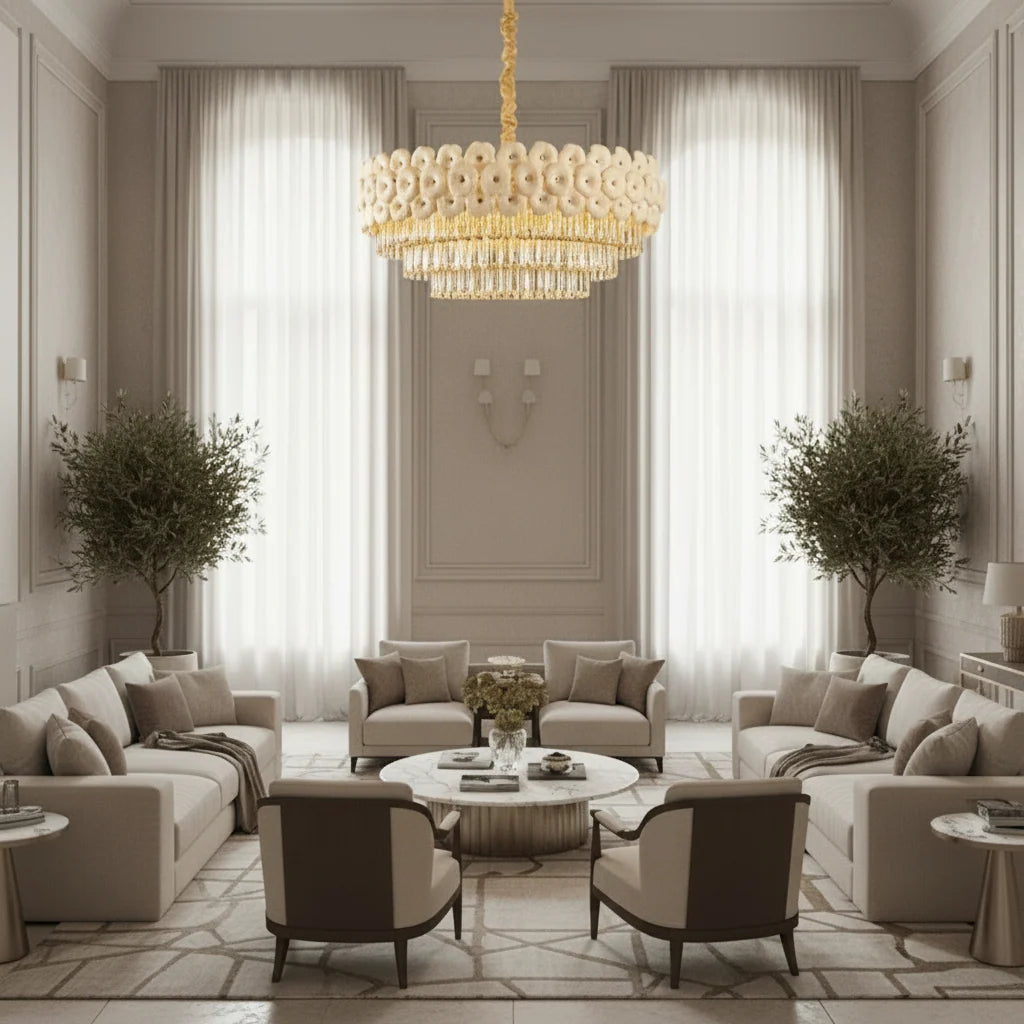 Candelabru Cristal PETAL Regalis 15xE14, D80 cm, Auriu, Inaltime Reglabila, Metal si Cristal