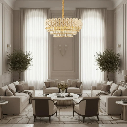 Candelabru Cristal PETAL Regalis 15xE14, D80 cm, Auriu, Inaltime Reglabila, Metal si Cristal