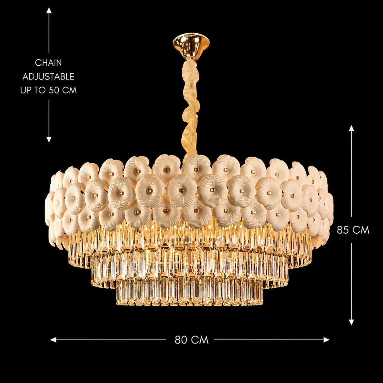 Candelabru Cristal PETAL Regalis 15xE14, D80 cm, Auriu, Inaltime Reglabila, Metal si Cristal