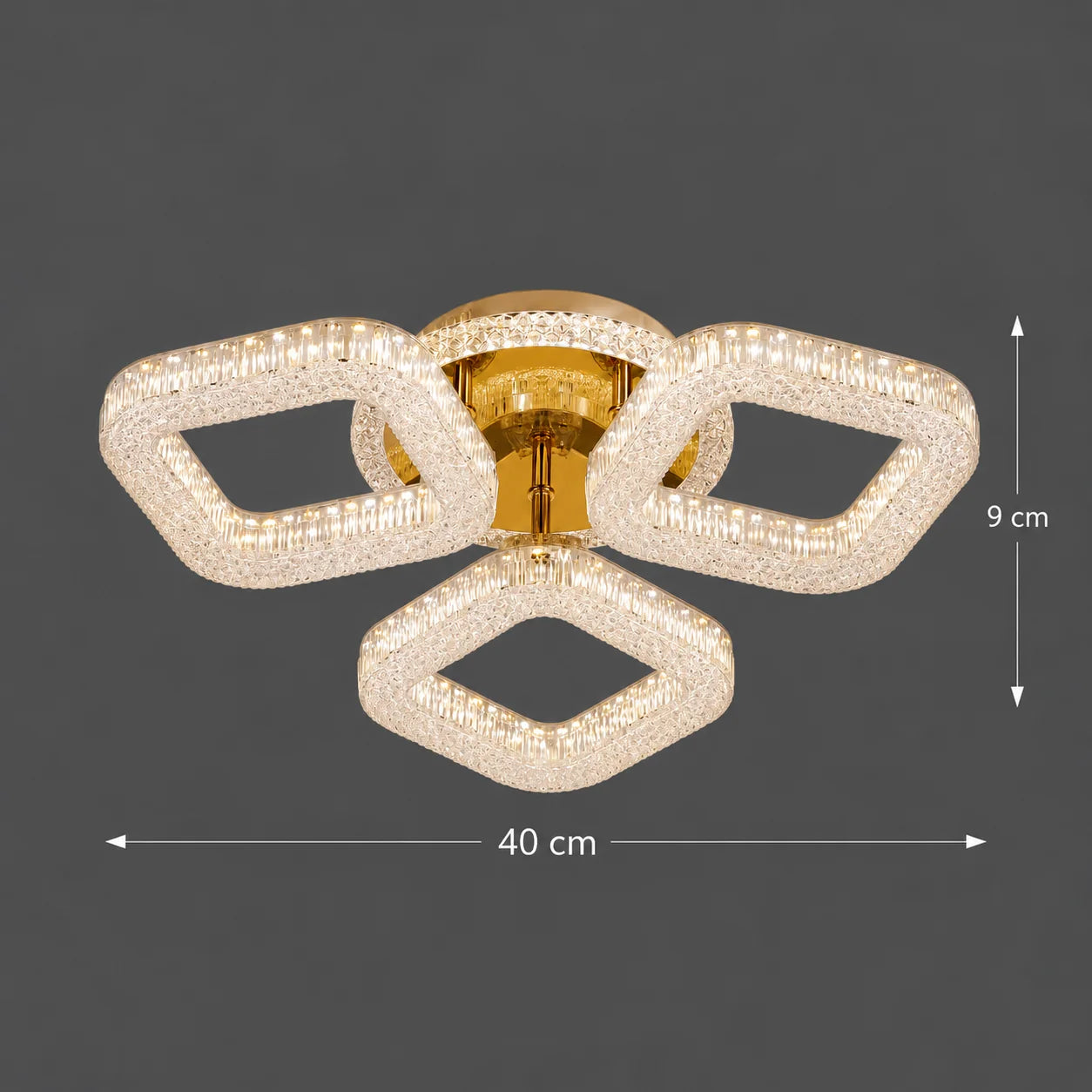 Lustra LED RENATO Nobile cu telecomanda si cristal, 39W, 3 Patrate, Lumina Rece/Calda/Neutra, Dimabila, Auriu