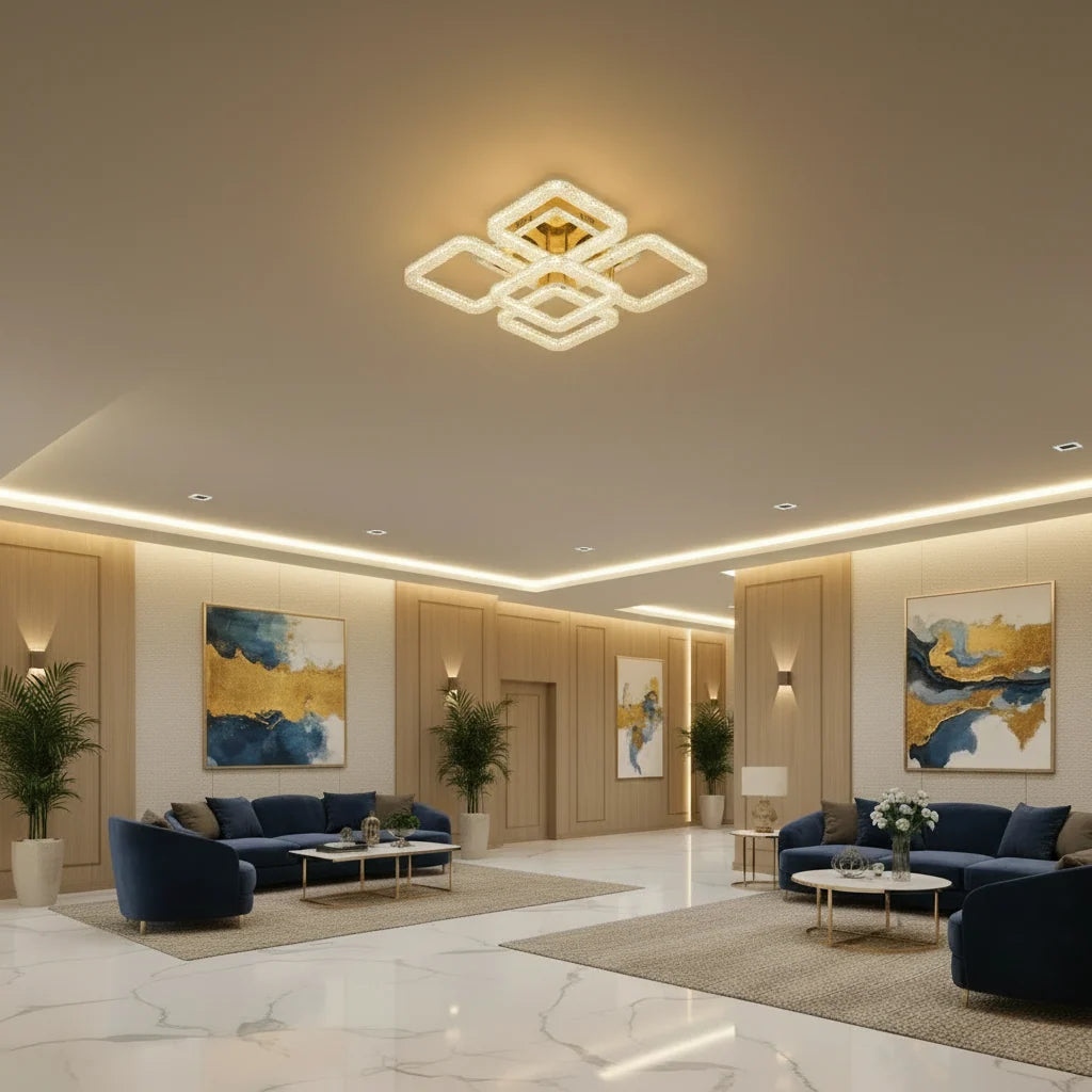 Lustra LED RENATO Magno cu telecomanda si cristal, 118W, 5 Patrate, Lumina Rece/Calda/Neutra, Dimabila, Auriu