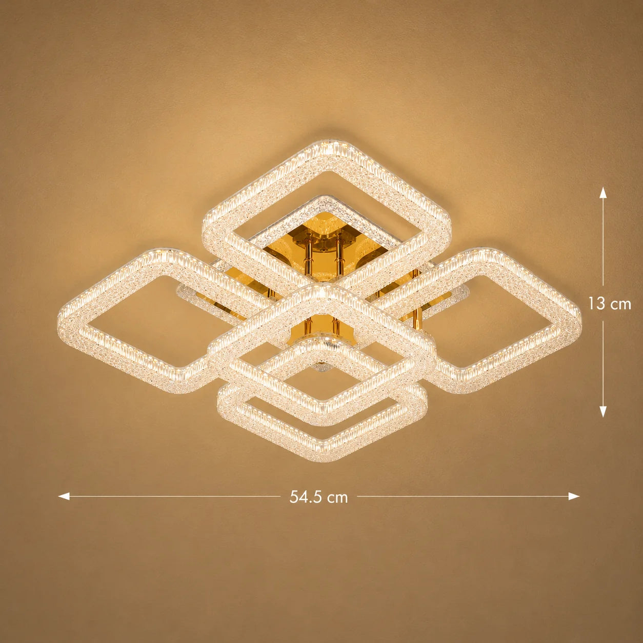 Lustra LED RENATO Magno cu telecomanda si cristal, 118W, 5 Patrate, Lumina Rece/Calda/Neutra, Dimabila, Auriu