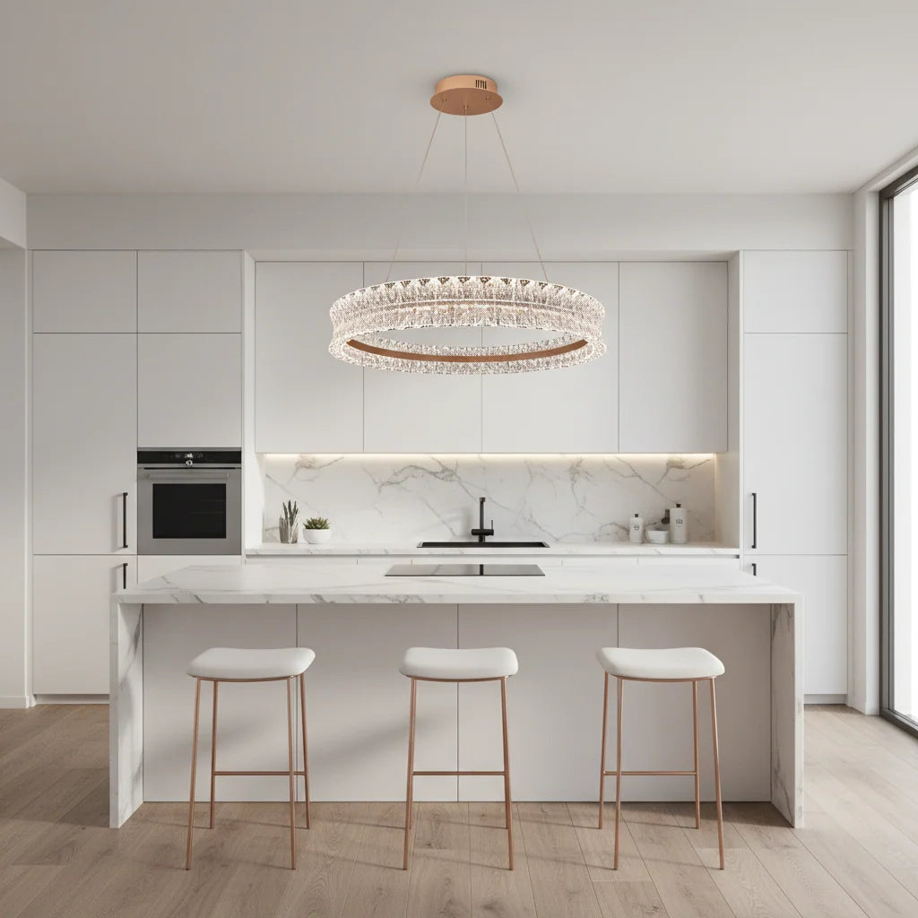 Lustra LED Cristal cu telecomanda, 49W, Lumina Calda/Neutra/Rece, Φ40 cm, Inaltime Reglabila, Metal si Cristal, Auriu