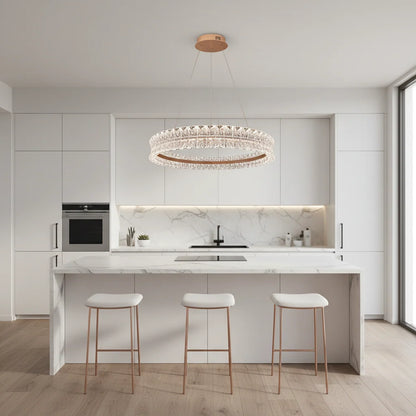 Lustra LED Cristal cu telecomanda, 49W, Lumina Calda/Neutra/Rece, Φ40 cm, Inaltime Reglabila, Metal si Cristal, Auriu