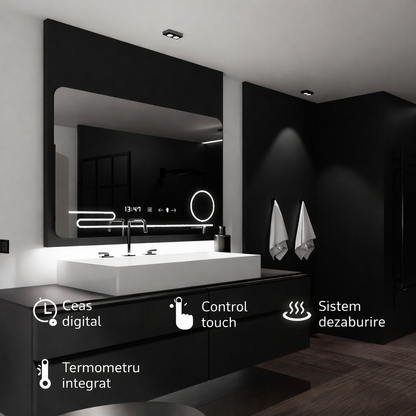 Oglinda LED Rectangulara, 120x80cm, Harmonie MotionGlow Marcello, Sistem Dezaburire, Ceas & Termometru, Lupa Cosmetica, Dimabila