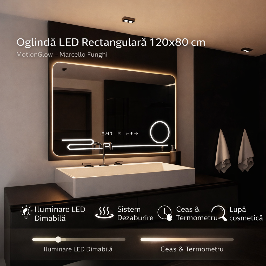 Oglinda LED Rectangulara, 120x80cm, Harmonie MotionGlow Marcello, Sistem Dezaburire, Ceas & Termometru, Lupa Cosmetica, Dimabila
