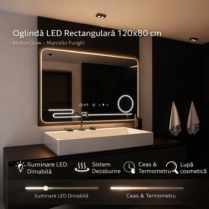 Oglinda LED Rectangulara, 120x80cm, Harmonie MotionGlow Marcello, Sistem Dezaburire, Ceas & Termometru, Lupa Cosmetica, Dimabila