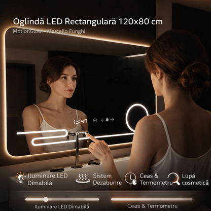 Oglinda LED Rectangulara, 120x80cm, Harmonie MotionGlow Marcello, Sistem Dezaburire, Ceas & Termometru, Lupa Cosmetica, Dimabila