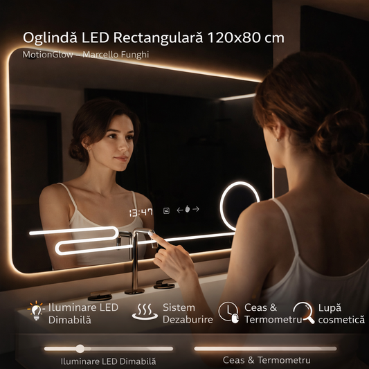 Oglinda LED Rectangulara, 120x80cm, Harmonie MotionGlow Marcello, Sistem Dezaburire, Ceas & Termometru, Lupa Cosmetica, Dimabila