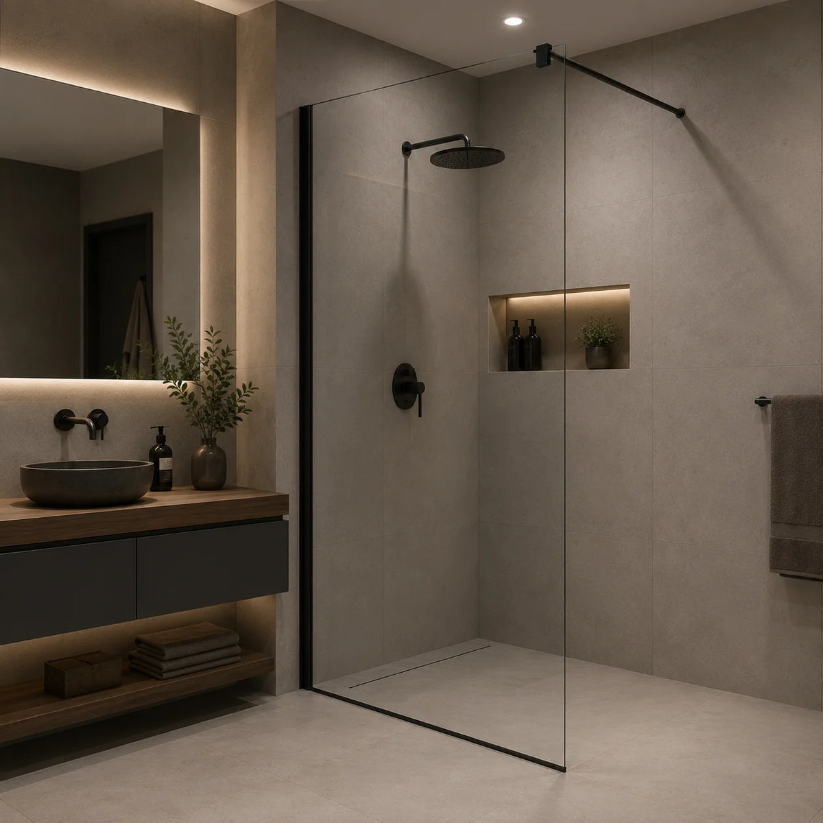 Paravan dus Walk-In 80x195cm, Sticla securizata 8 mm, Profil metalic rezistent, Negru