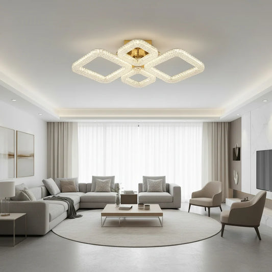 Lustra LED RENATO Eleganza cu telecomanda si cristal, 73W, 4 Patrate, Lumina Rece/Calda/Neutra, Dimabila, Auriu