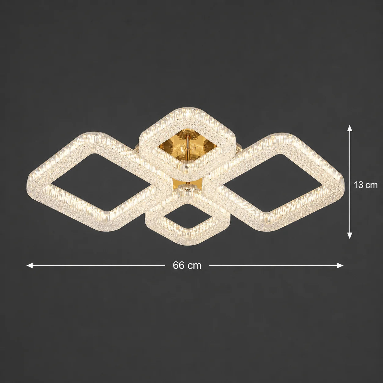 Lustra LED RENATO Eleganza cu telecomanda si cristal, 73W, 4 Patrate, Lumina Rece/Calda/Neutra, Dimabila, Auriu