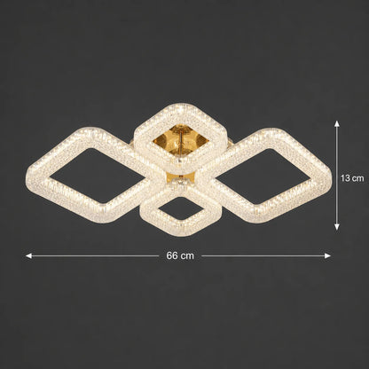 Lustra LED RENATO Eleganza cu telecomanda si cristal, 73W, 4 Patrate, Lumina Rece/Calda/Neutra, Dimabila, Auriu