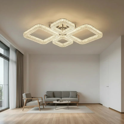 Lustra LED MOND Eleganza cu telecomanda si cristal, 72W, 4 Patrate, Lumina Rece/Calda/Neutra, Dimabila, Alb