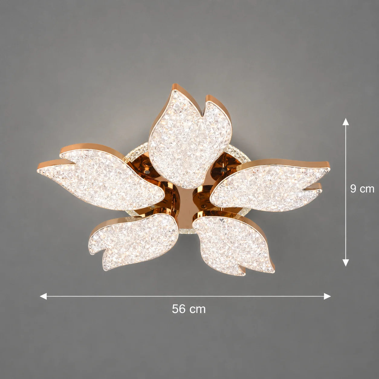 Lustra LED BLUME Magno cu telecomanda si cristal, 79W, 5 Surse, Lumina Rece/Calda/Neutra, Dimabila, Auriu