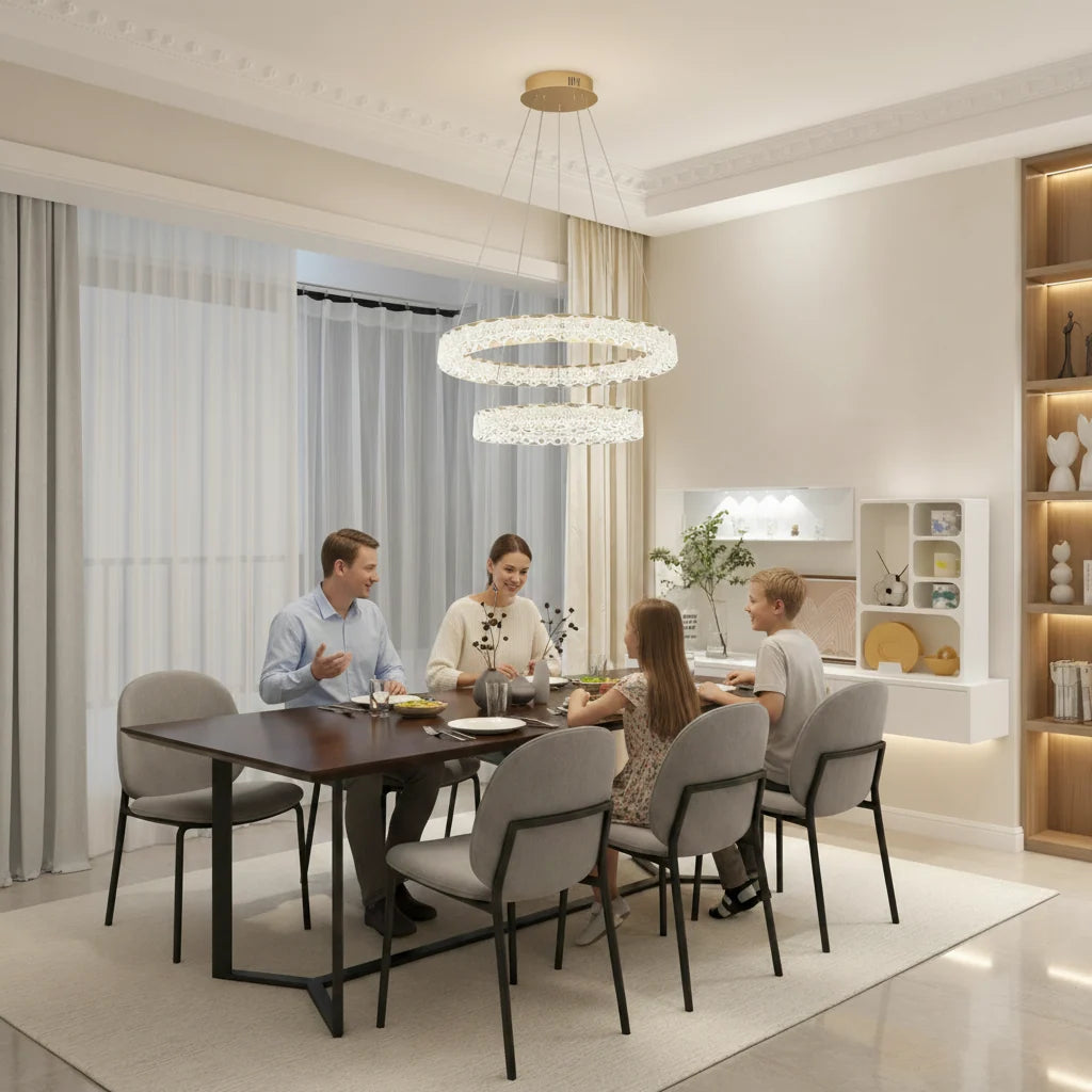 Lustra LED SHELP Cristal cu telecomanda, 64W, Lumina Calda/Neutra/Rece, Φ60 cm, Inaltime Reglabila, Metal si Cristal, Auriu