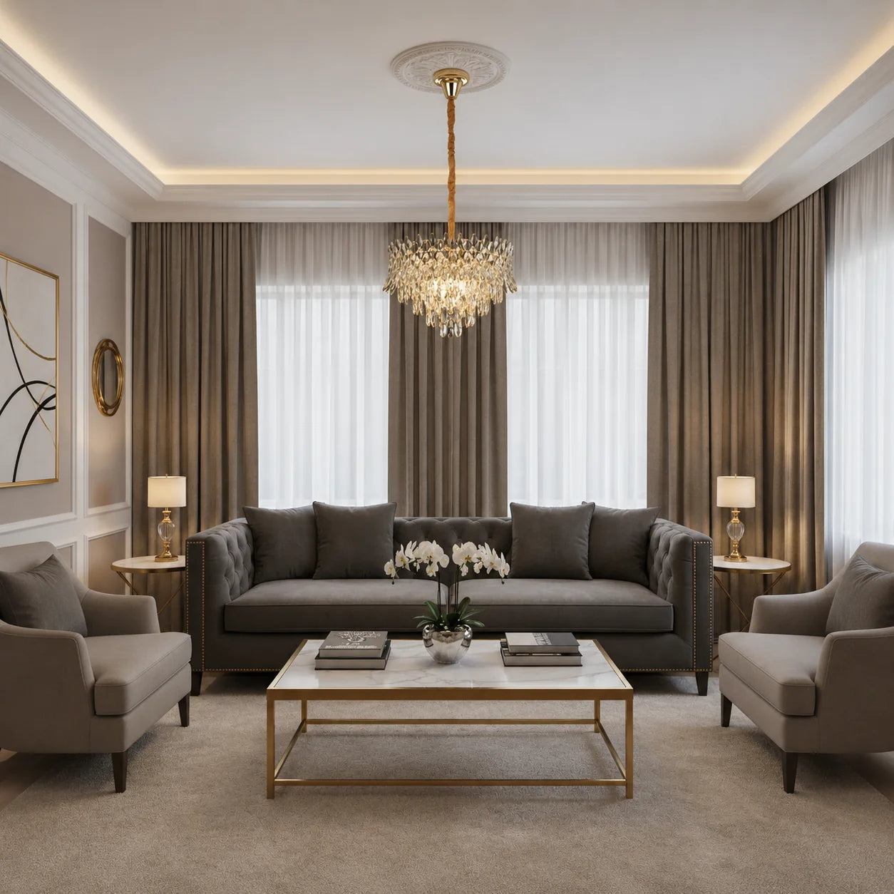 Candelabru Cristal MONARCH Nobile 3xE14, Diametru 40cm, Inaltime 35cm, Auriu Lucios, Inaltime Reglabila, Design Elegant