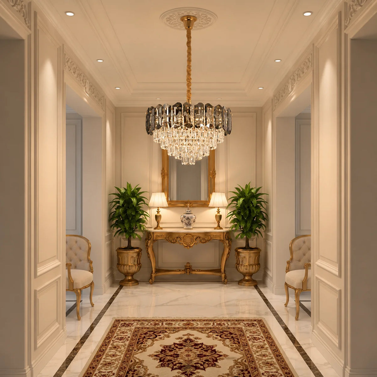 Candelabru Cristal AURUM Petito 3xE14, Diametru 30cm, Inaltime 28cm, Auriu Lucios, Inaltime Reglabila, Design Elegant