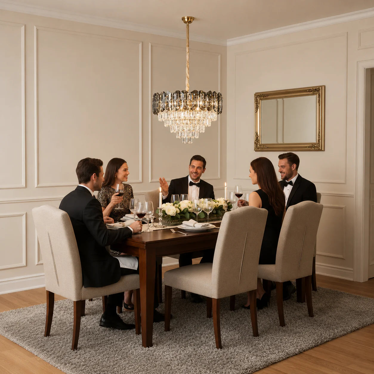 Candelabru Cristal AURUM Eleganza 9xE14, Diametru 50cm, Inaltime 35cm, Auriu Lucios, Inaltime Reglabila, Design Elegant