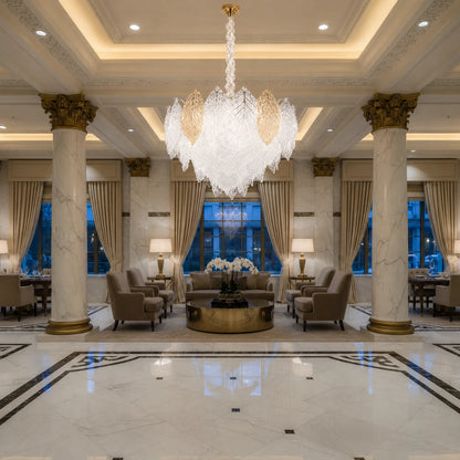 Candelabru Cristal LACE Eleganza 9xE14, Diametru 50cm, Inaltime 36cm, Auriu Lucios, Inaltime Reglabila, Design Elegant