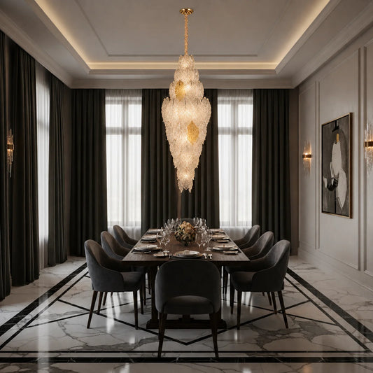 Candelabru Cristal LACE Supremo 26xE14, Diametru 60cm, Inaltime 180cm, Auriu Lucios, Inaltime Reglabila, Design Elegant