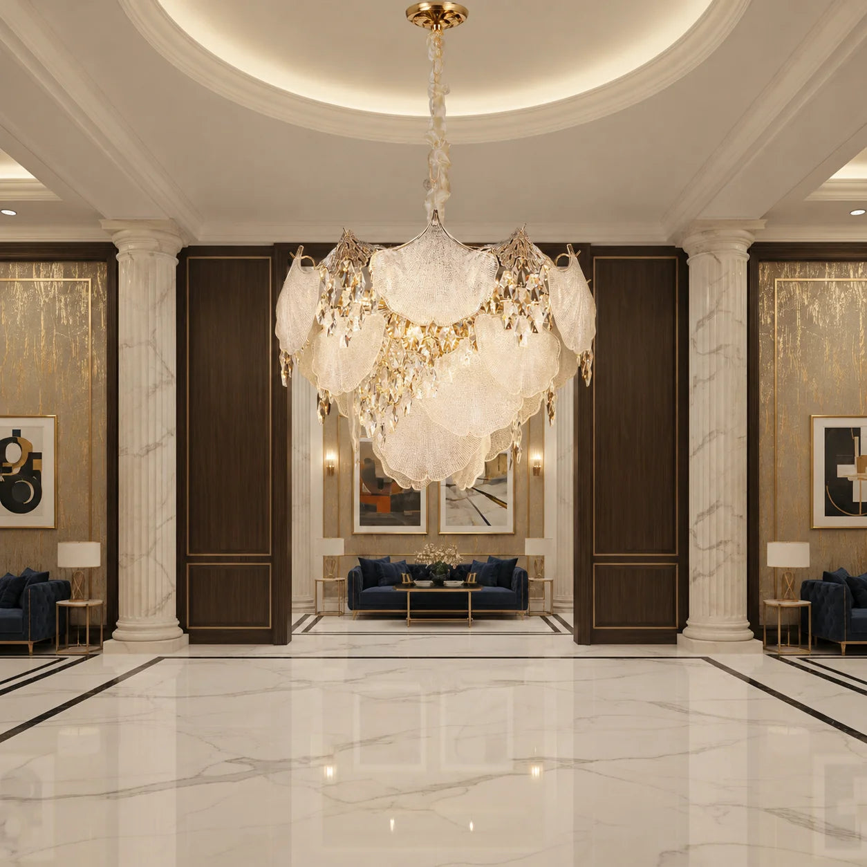 Candelabru Cristal LUXE Magno, 21xE14, Diametru 60cm, Inaltime 40cm, Auriu Lucios, Inaltime Reglabila, Design Elegant
