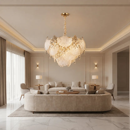 Candelabru Cristal LUXE Magno, 21xE14, Diametru 60cm, Inaltime 40cm, Auriu Lucios, Inaltime Reglabila, Design Elegant