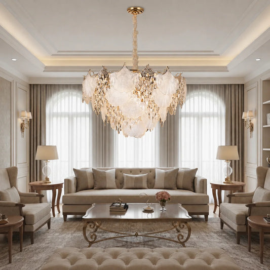 Candelabru Cristal LUXE Regalis, 21xE14, Diametru 80cm, Inaltime 45cm, Auriu Lucios, Inaltime Reglabila, Design Elegant