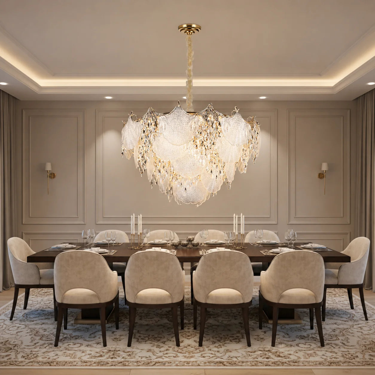 Candelabru Cristal LUXE Regalis, 21xE14, Diametru 80cm, Inaltime 45cm, Auriu Lucios, Inaltime Reglabila, Design Elegant