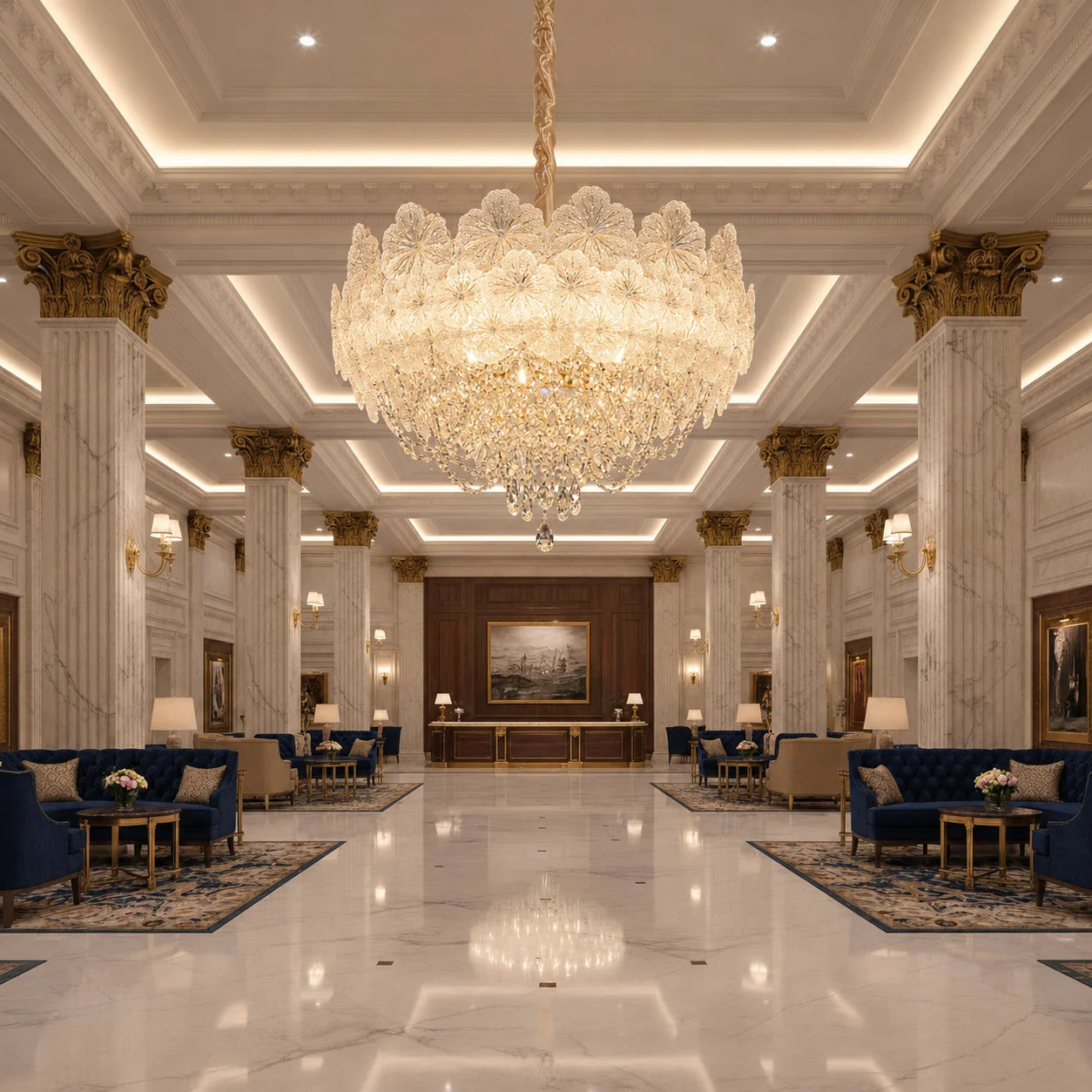 Candelabru Cristal CROWN Regalis 21xE14, Diametru 80cm, Inaltime 45cm, Auriu Lucios, Inaltime Reglabila, Design Elegant