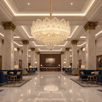 Candelabru Cristal CROWN Regalis 21xE14, Diametru 80cm, Inaltime 45cm, Auriu Lucios, Inaltime Reglabila, Design Elegant