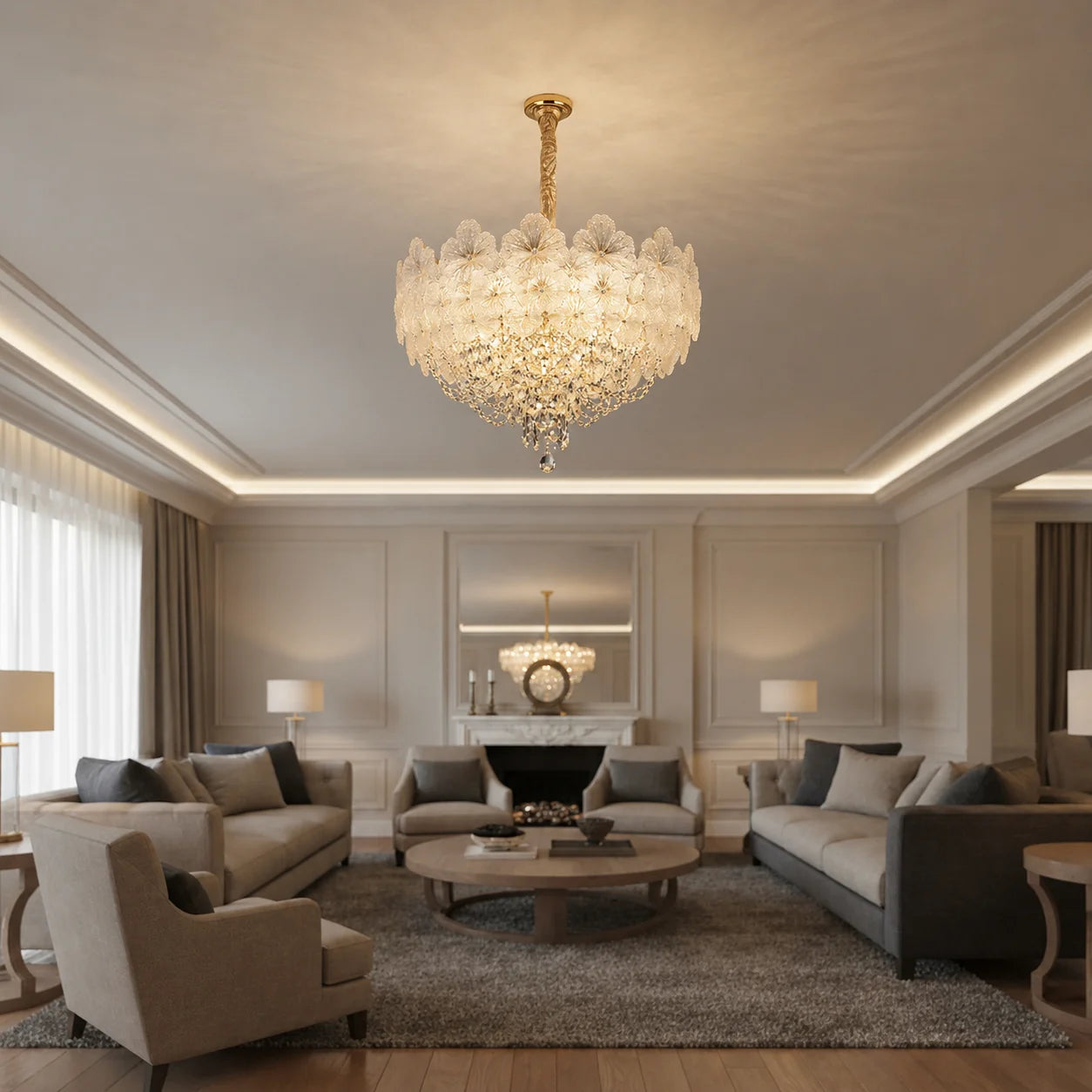 Candelabru Cristal CROWN Regalis 21xE14, Diametru 80cm, Inaltime 45cm, Auriu Lucios, Inaltime Reglabila, Design Elegant