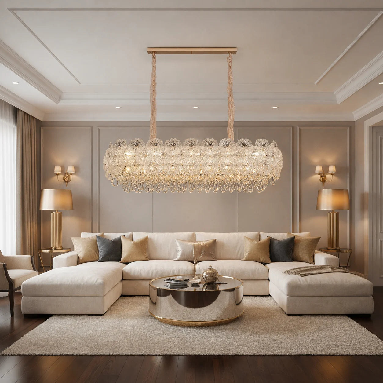 Candelabru Cristal CROWN Supremo 11xE14, Dimensiune 80x30 cm, Inaltime 33 cm, Auriu Lucios, Inaltime Reglabila, Design Elegant