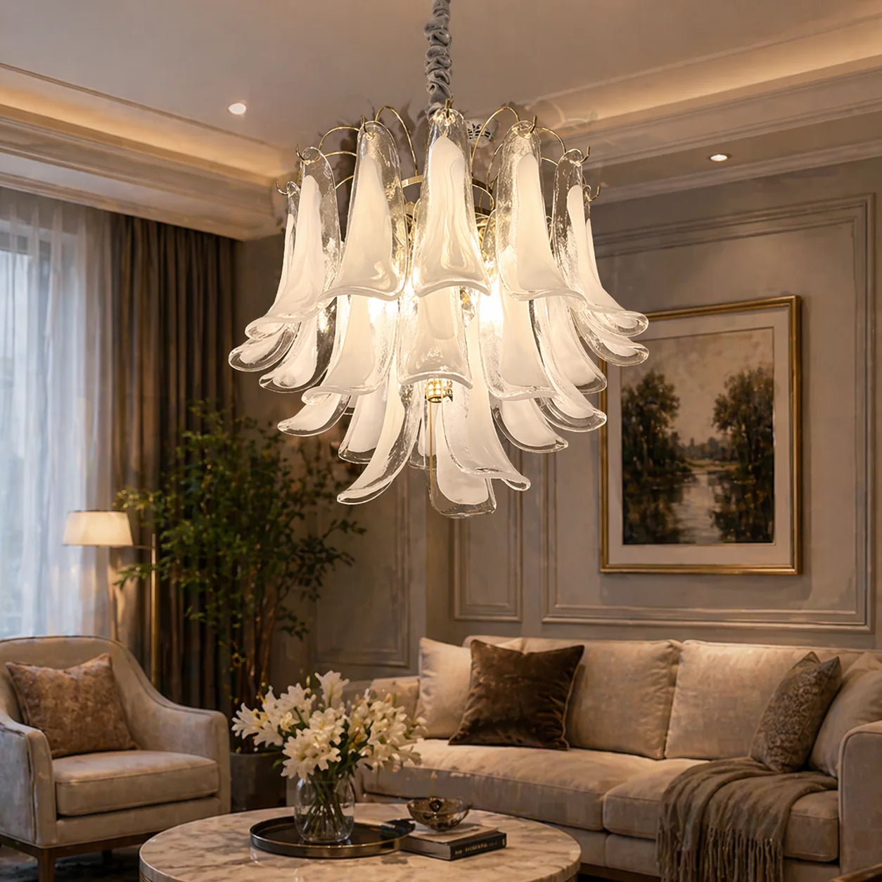 Candelabru Cristal MURANO Regalis 17xE14, D80 cm, Alb, Inaltime Reglabila, Metal si Cristal