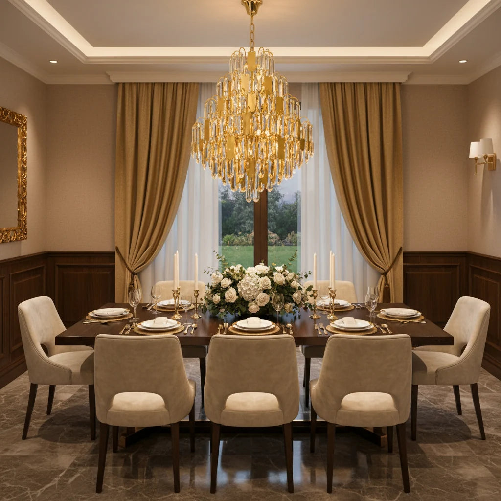 Candelabru Cristal TIER Eleganza 10xE14, D50 cm, Auriu, Inaltime Reglabila, Metal si Cristal
