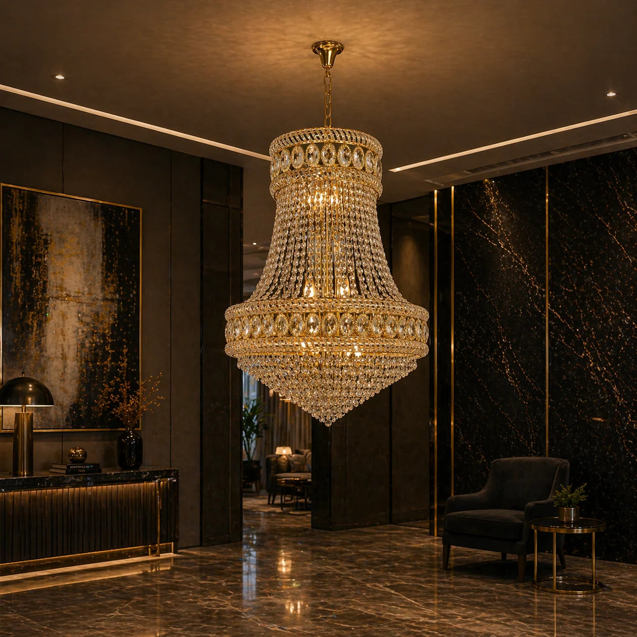Candelabru Cristal EMPIRE Eleganza 10xE14, D50 cm, Auriu, Inaltime Reglabila, Metal si Cristal
