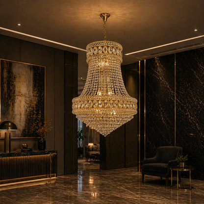 Candelabru Cristal EMPIRE Magno 10xE14, D60 cm, Auriu, Inaltime Reglabila, Metal si Cristal