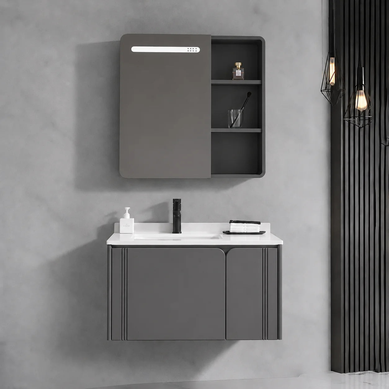 Set Mobilier ORIA pentru Baie, Dulap Lavoar+Dulap Oglinda 80cm, 3 Piese, Gri si Alb